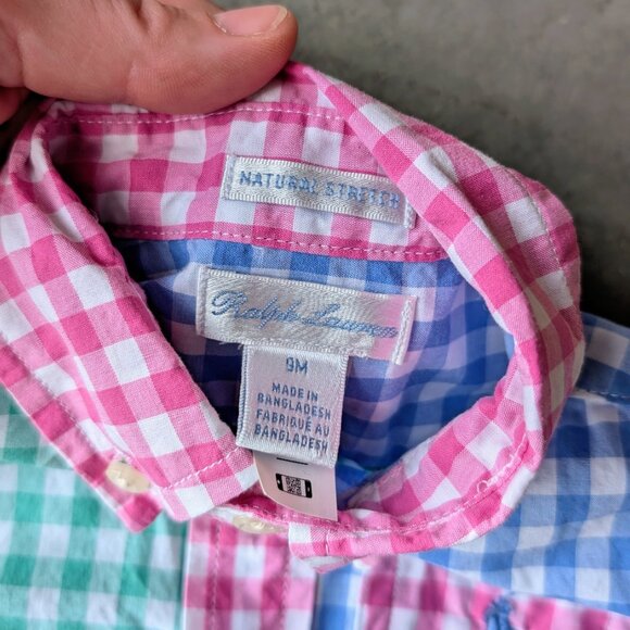Ralph Lauren Blue Pink Green Striped Onesie and Gingham Plaid Shirt Bundle 9M - Picture 9 of 11